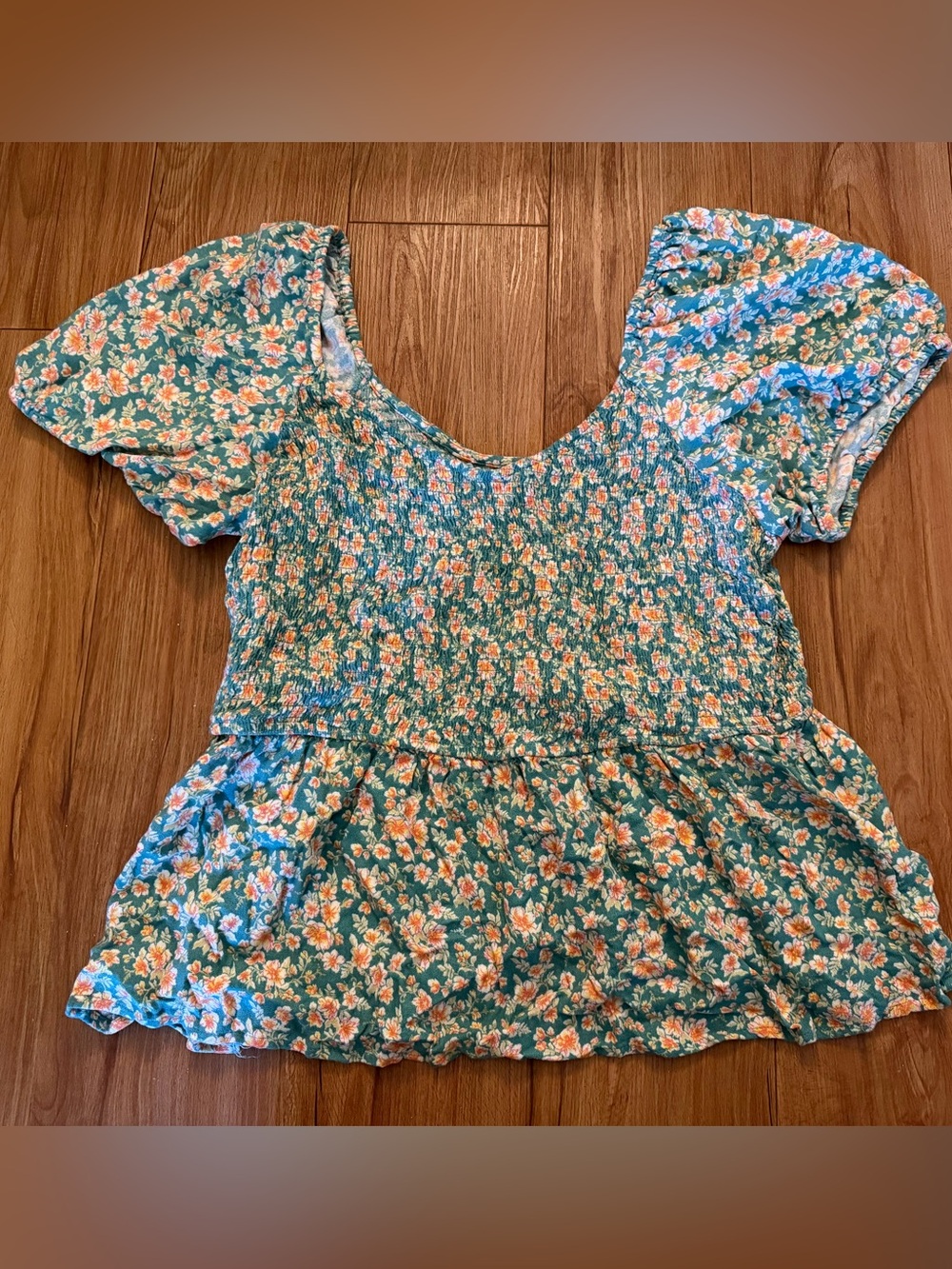 Maurices Teal Floral Smocked Peplum Women's Top